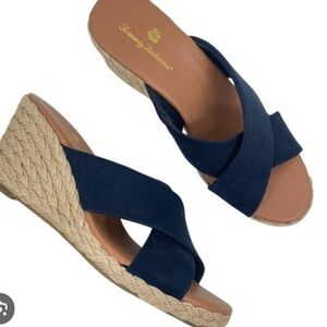 Tommy Bahama Stacey Navy Faux Suede Espadrille Wedge Sandals
